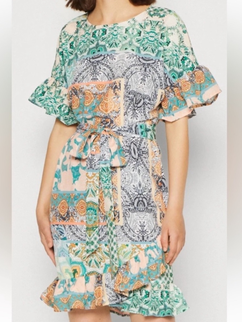 Never Fully Dressed Multi Paisley patchwork belted midi dress size 14